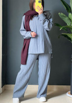 Women Autumn Casual Long Sleeve Turndown Collar Irregular Shirt and Pants Two-piece Set