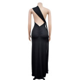 Women's Fashion Solid Color Low Back Pleated Irregular Maxi Dress For Women
