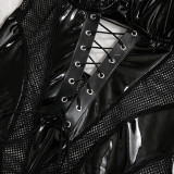 Pu Leather Mesh Patchwork Lace-Up Tunic Low Back Sexy Nightclub Bodysuit Female