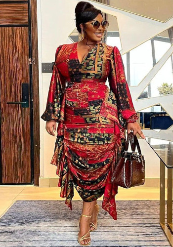 Sexy Printed Ruffled Balloon Sleeve Slim Long Sleeve Bodycon Dress