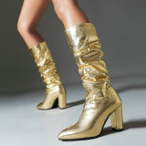 Women's High Boots Shiny Snake Pattern Thick Heel High Heel Knight Boots Waterproof Platform Knee Boots