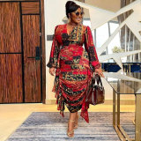 Sexy Printed Ruffled Balloon Sleeve Slim Long Sleeve Bodycon Dress