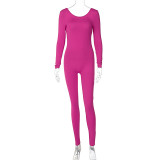 Women's Low Back Solid Color Long Sleeve Jumpsuit Fall Slim Sports Basic Overall Pants