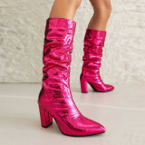Women's High Boots Shiny Snake Pattern Thick Heel High Heel Knight Boots Waterproof Platform Knee Boots