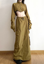 Autumn Women's Clothing Zipper Slim Long Sleeve Crop Jacket Cargo Skirt Two Piece Set