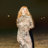 Women's Fall Fashion Style Mesh Print See-Through Turtleneck Slim Fit Dress