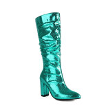 Women's High Boots Shiny Snake Pattern Thick Heel High Heel Knight Boots Waterproof Platform Knee Boots