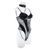 Pu Leather Mesh Patchwork Lace-Up Tunic Low Back Sexy Nightclub Bodysuit Female