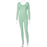 Women's Low Back Solid Color Long Sleeve Jumpsuit Fall Slim Sports Basic Overall Pants