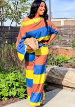 Spring Fall Women's Loose Plus Size Long Sleeve Round Neck Print Slash Shoulder Two-Piece Pants Set