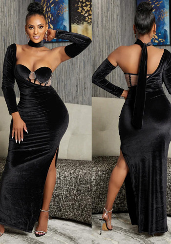 Fashion Ladies Solid Color One Sleeve Glove Evening Gown Maxi Dress