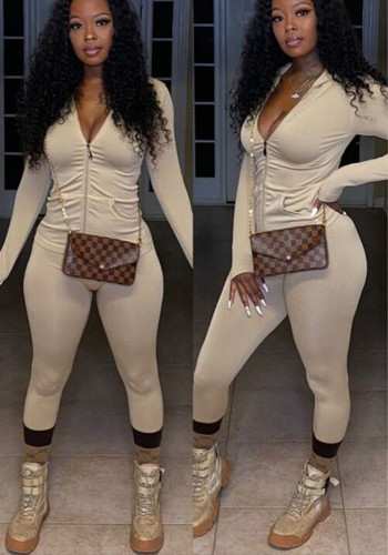 Women Casual Solid Long Sleeve Zip Top and Pant Two-Piece Set