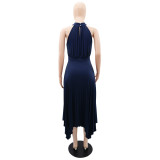 Women Casual Sleeveless Clipped Pleated Halter Neck Dress