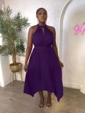 Women Casual Sleeveless Clipped Pleated Halter Neck Dress