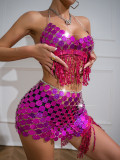 Women Sexy Backless Strap Sequin Patchwork Tassel Set of Two