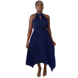 Women Casual Sleeveless Clipped Pleated Halter Neck Dress