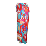 Plus Size Women Casual Tie Print Pocket Wide Leg Pants