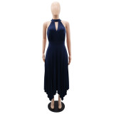 Women Casual Sleeveless Clipped Pleated Halter Neck Dress
