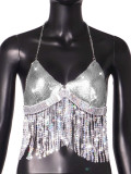 Women Sexy Backless Suspender Metal Sequins Patchwork Tassel Top