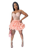 Women Sexy Beaded Stretch Camisole Cascading Ruffles Dress Tutu
