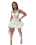 Women Sexy Beaded Stretch Camisole Cascading Ruffles Dress Tutu