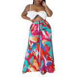 Plus Size Women Casual Tie Print Pocket Wide Leg Pants