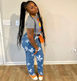 Women Casual Floral Print Denim Pants
