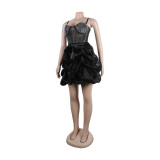 Women Sexy Beaded Stretch Camisole Cascading Ruffles Dress Tutu