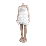 Women Sexy Beaded Stretch Camisole Cascading Ruffles Dress Tutu