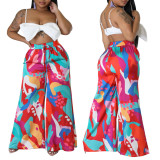 Plus Size Women Casual Tie Print Pocket Wide Leg Pants