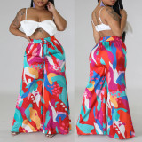 Plus Size Women Casual Tie Print Pocket Wide Leg Pants