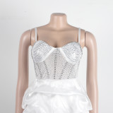 Women Sexy Beaded Stretch Camisole Cascading Ruffles Dress Tutu