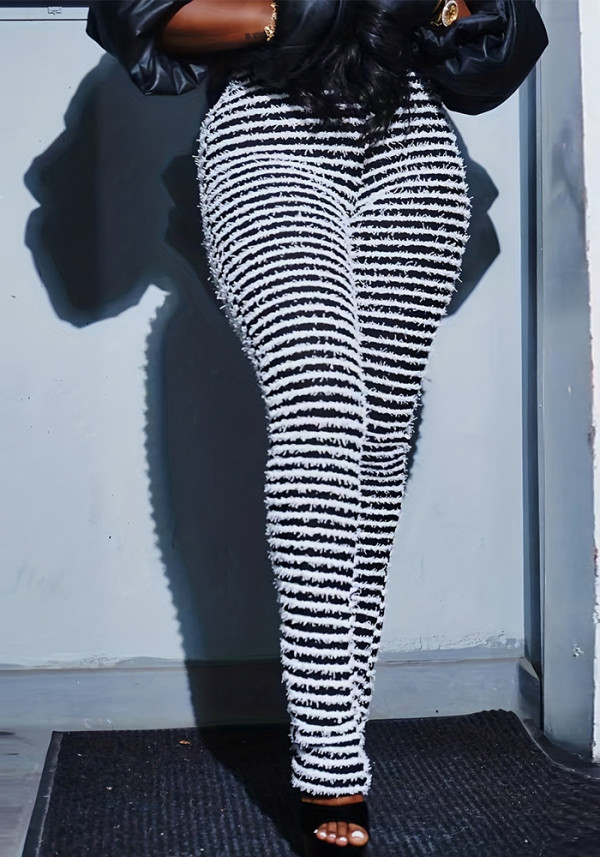 Plus Size WomenKnitting Stripe High Waist Trousers