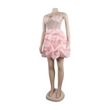 Women Sexy Beaded Stretch Camisole Cascading Ruffles Dress Tutu