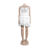 Women Sexy Beaded Stretch Camisole Cascading Ruffles Dress Tutu