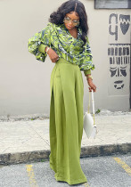 Women Autumn Printed Balloon Sleeve Shirt and Wide-leg Pants Casual Two-piece Set Women Autumn Printed Balloon Sleeve Shirt and Wide-leg Pants Casual Two-piece Set