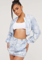Women Tie Dye Long Sleeve Zip Top and Mini Skirt Two-Piece Set