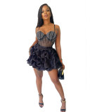 Women Sexy Beaded Stretch Camisole Cascading Ruffles Dress Tutu