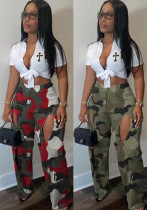 Women Printed Ripped Crossover Cargo Straight Leg Pants Women Printed Ripped Crossover Cargo Straight Leg Pants