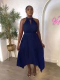 Women Casual Sleeveless Clipped Pleated Halter Neck Dress