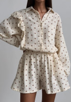 Women Fall Ruffle Heart Print Shirt and Wide-Leg Shorts Casual Two-Piece Set Women Fall Ruffle Heart Print Shirt and Wide-Leg Shorts Casual Two-Piece Set