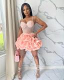 Women Sexy Beaded Stretch Camisole Cascading Ruffles Dress Tutu