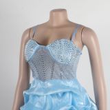 Women Sexy Beaded Stretch Camisole Cascading Ruffles Dress Tutu