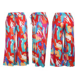 Plus Size Women Casual Tie Print Pocket Wide Leg Pants