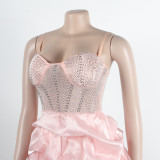 Women Sexy Beaded Stretch Camisole Cascading Ruffles Dress Tutu