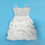 Women Sexy Beaded Stretch Camisole Cascading Ruffles Dress Tutu