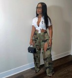 Women Printed Ripped Crossover Cargo Straight Leg Pants