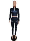 Women Casual Line Sport Long Sleeve Top and Pant Two-Piece Set