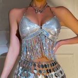 Women Sexy Backless Suspender Metal Sequins Patchwork Tassel Top