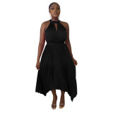 Women Casual Sleeveless Clipped Pleated Halter Neck Dress